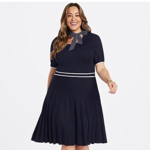 NWT Draper James Dots Bowtie Neck Navy Blue Pleated Sweater Knit Dress Womens 3X - Picture 14 of 14